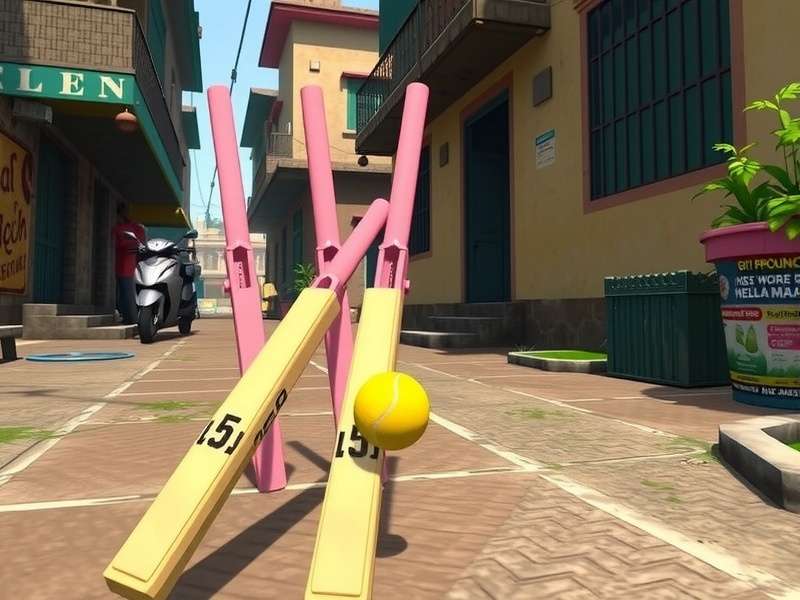 Desi Cricket 19 Gameplay Screenshot showing gully cricket mode with plastic stumps and tennis ball in a Mumbai chawl